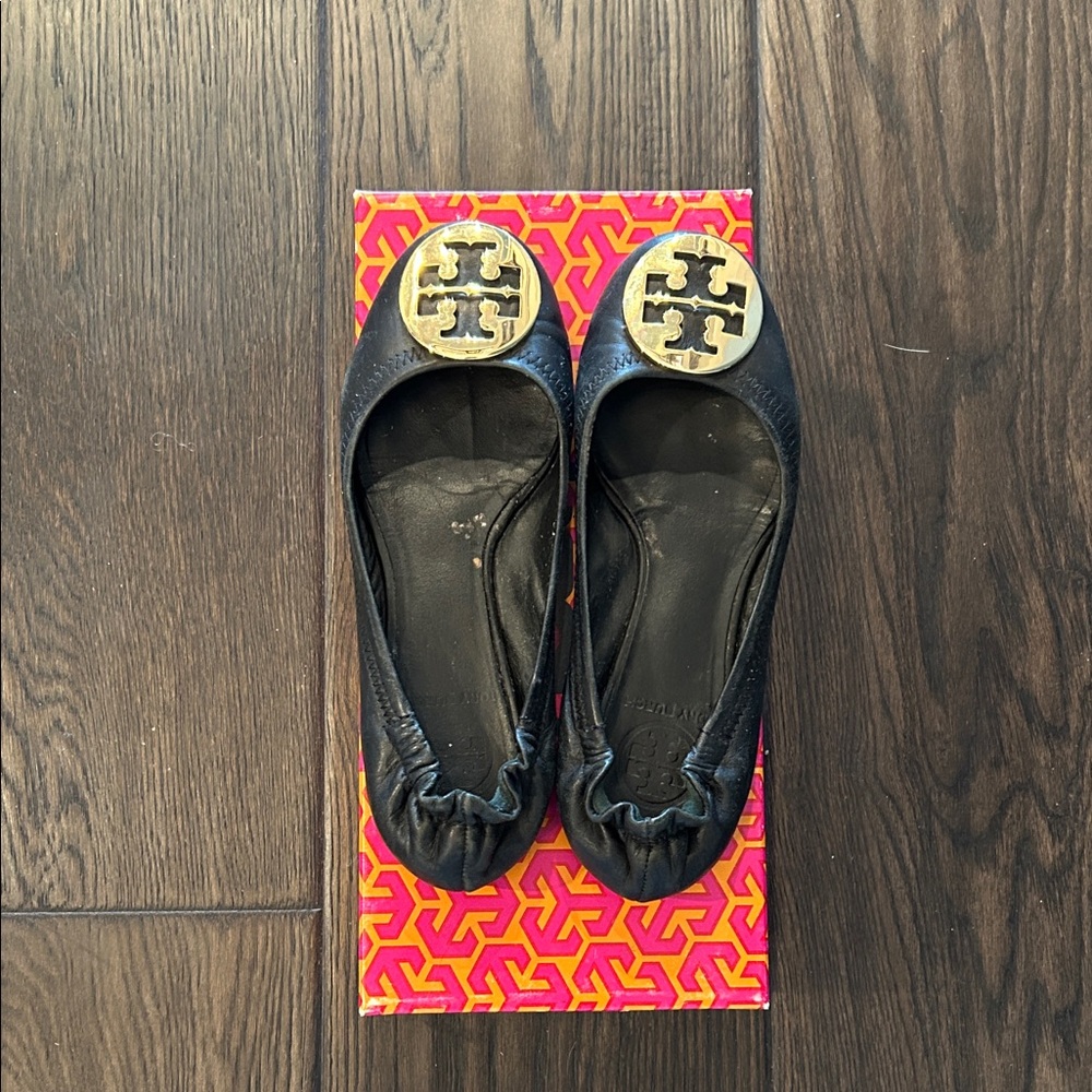 Tory Burch Black Leather Logo Ballet Flats with Gold Medallion